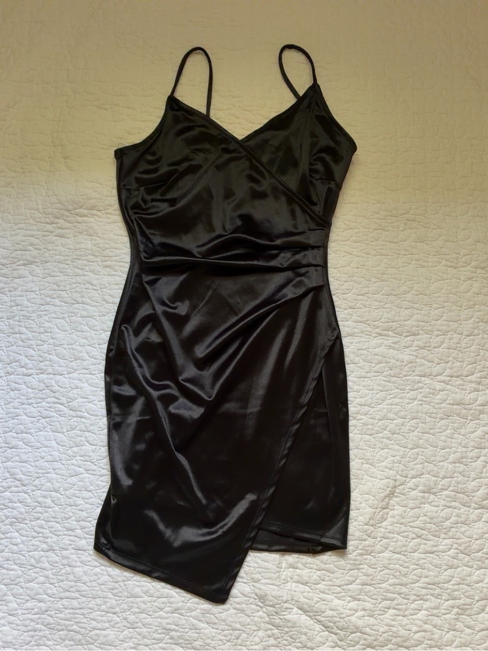 IRIS Black Satin Wrap Midi Dress Size M Date Night Cocktail